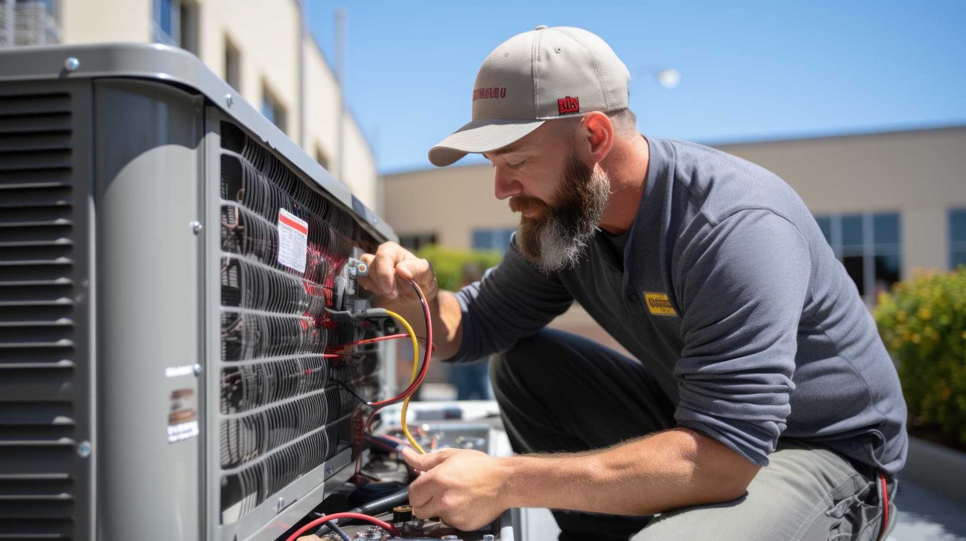 HVAC technician servicing an outdoor condenser unit